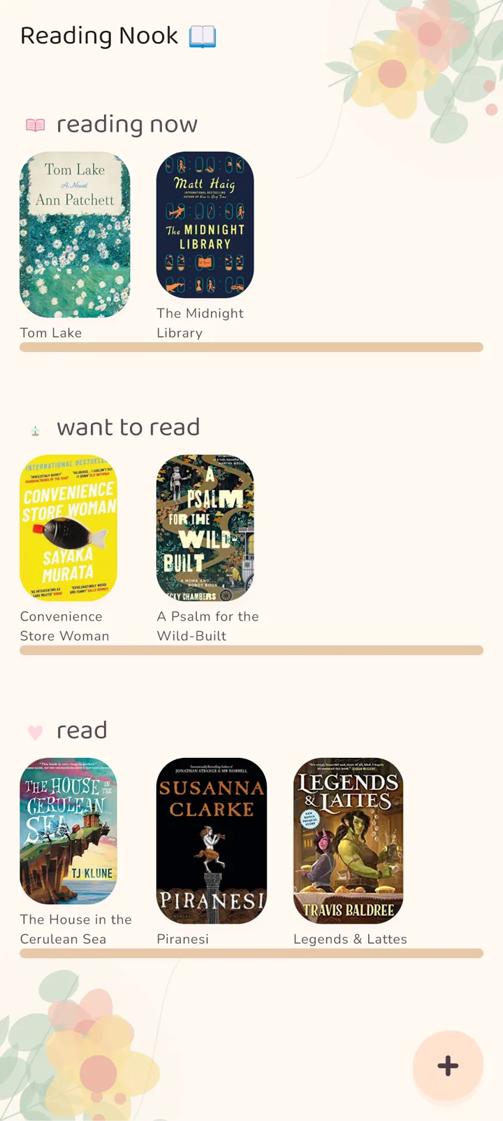 The reading nook: a warm bookshelf of covers with reading progress