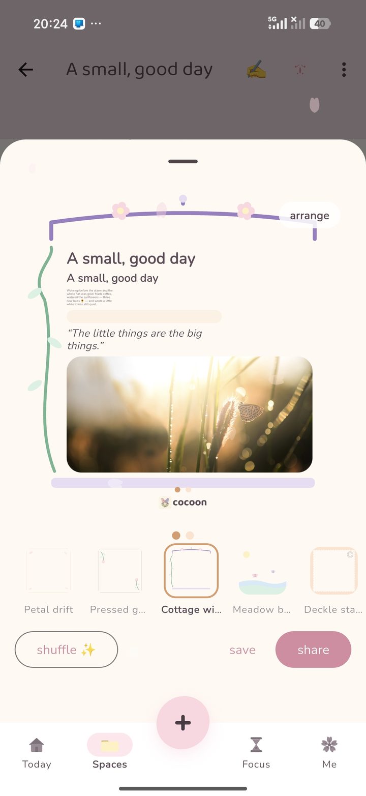 Cocoon turning a Paper into a shareable card — a cottage-window frame with the day's photo and a chosen line, a frame picker, shuffle and share buttons
