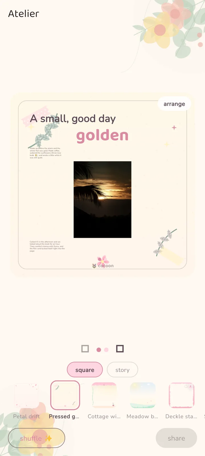 The Atelier composer dressing a journal page in the 'Pressed garden' frame as a share card