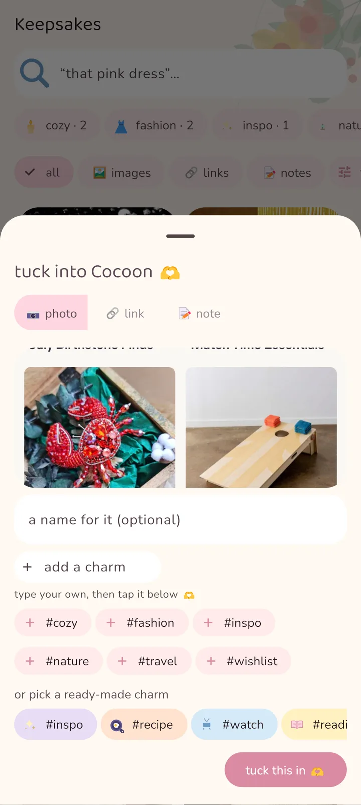 Sharing a screenshot into Cocoon: the 'tuck into Cocoon' sheet opens pre-filled with the shared image, a name field, charm tags and a 'tuck this in' button