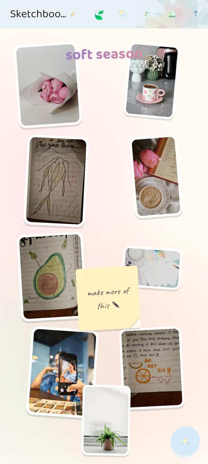 A studio mood wall: sketchbook drawings and aesthetic photos matted and tilted like a pinboard collage