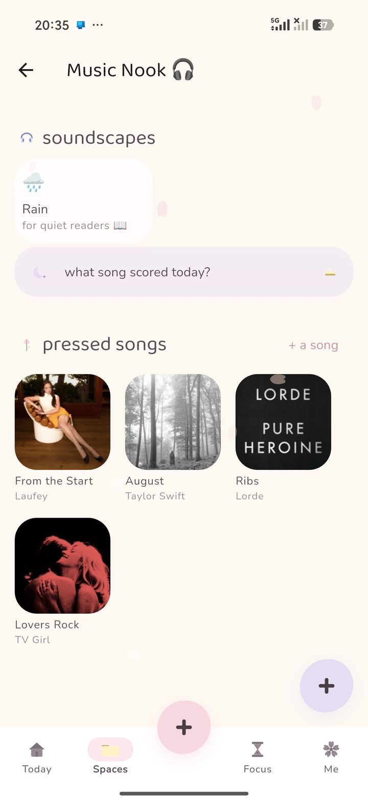 Cocoon's Music Nook — pressed songs with real album art and a rain soundscape