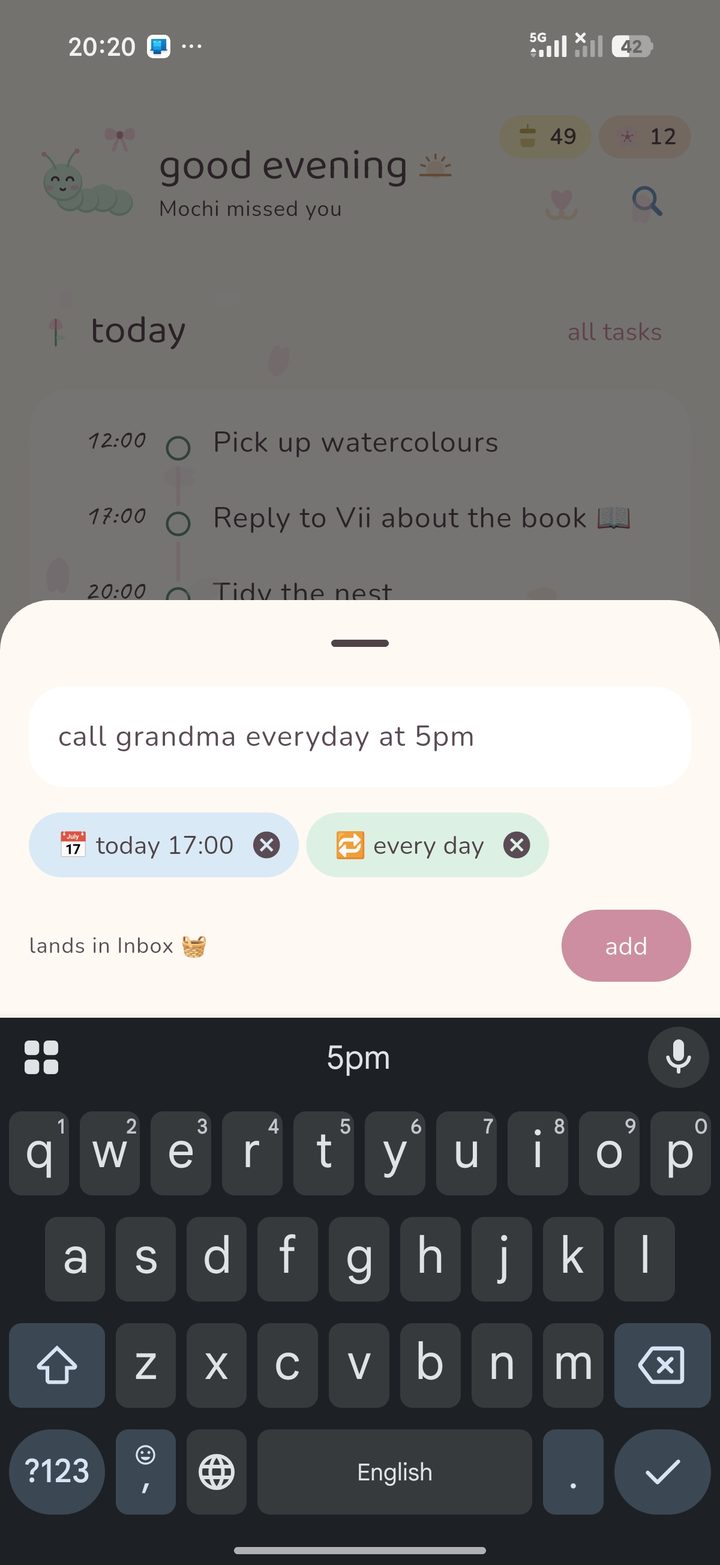 Cocoon parsing "call grandma everyday at 5pm" into a date chip and a repeat chip