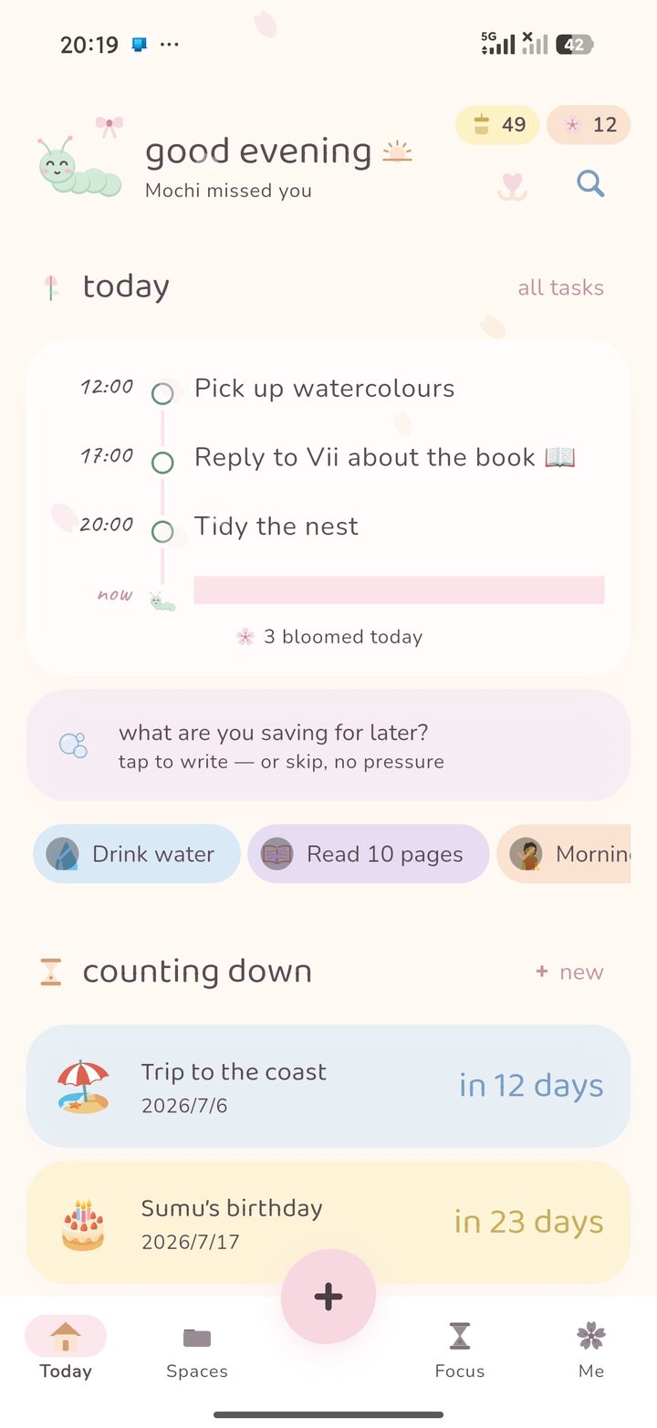 Cocoon's Today screen — a gentle hour-by-hour timeline, soft countdowns, and the day's thread