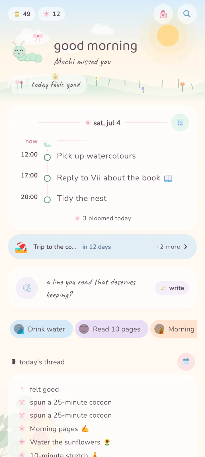 The Today screen: a morning sky, a few gentle tasks, a countdown pill